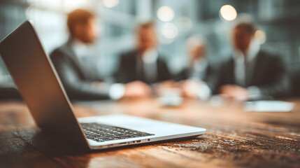 Poster - The firm investment laptop, stock , is used in a meeting by a group of businesspeople as they brainstorm about current finance and the economy
