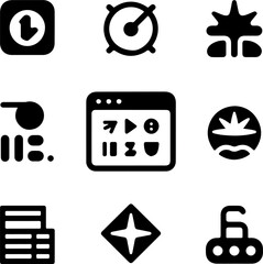Poster - Collection of nine black and white icons representing various symbols and objects on a white background