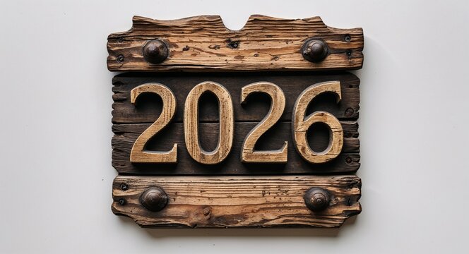 2026 lettering on medieval ancient sign wooden board on plain white background