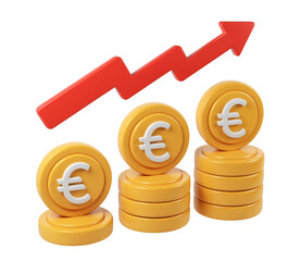Poster - 3d render icon Euro growth stacks climbing beside red upward arrow, backdrop financial coin and investment success against transparent symbolizing