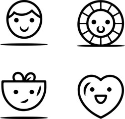 Leinwandbilder - Four Smiling Face Icons in Black Outlines on White Background Including a Person Sun Bowl and Heart smile