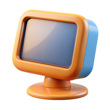Retro style cartoon computer monitor with a rounded orange bezel and blue casing on a stand isolated on transparent background