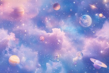 Wall Mural - Maximalism cosmic galaxy scene with colorful planets and stars for space-themed design