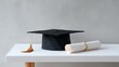 © PixelVista - A minimalist representation of a graduation season with a neatly arranged cap and diploma on a white table, Graduation scene, Elegant style .