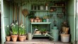© PixelVista - A tidy garden shed with neatly hung gardening tools and organized pots, A small, sunlit space with plants ready for gardening .