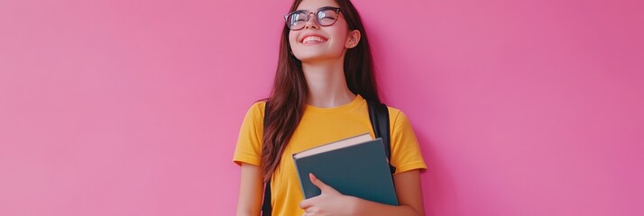 Aufkleber - Young female student carrying a backpack and books, smiling brightly while looking up against a vibrant pink background, radiating excitement for the upcoming school year