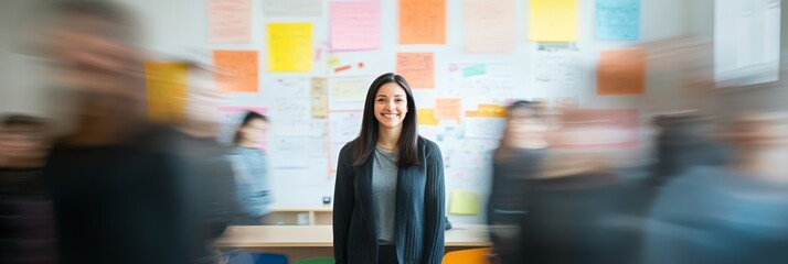 Aufkleber - Young smiling female teacher standing in a classroom with many students moving around, creating a motion blur effect, conveying a sense of activity and dynamism