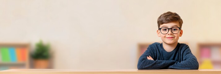 Aufkleber - Smiling young student wearing glasses sits at a desk with arms crossed in a bright classroom, embodying the spirit of back to school and academic success