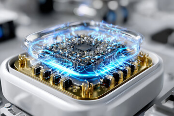 Poster - Advanced microchip design showcasing energy flow in a technology lab setting