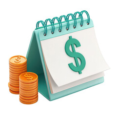 Poster - 3d render of desk calendar with dollar sign and coin stacks isolated on transparent background