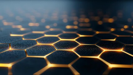 Poster - Glowing Hexagonal Mesh Overlay on a Dark Background with a Close-up Perspective