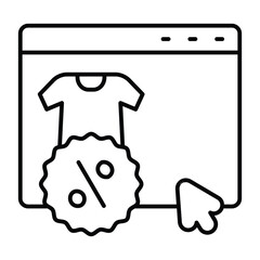Poster - Website with shirt and discount thin line icon, black friday concept. Vector graphics. Product landing page and mouse cursor sign on white background, style mobile or design.