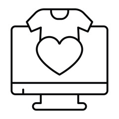 Poster - Monitor screen with heart and shirt thin line icon, black friday concept. Vector graphics. Favorite page, best clothes sale sign on white background, style mobile or design.