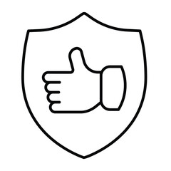 Fototapete - Shield with thumb up hand thin line icon, black friday concept. Vector graphics. Positive feedback emblem sign on white background, style mobile or design.