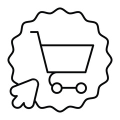 Poster - Shopping cart with cursor thin line icon, black friday concept. Vector graphics. Sticker with trolley and mouse pointer sign on white background, style mobile or design.