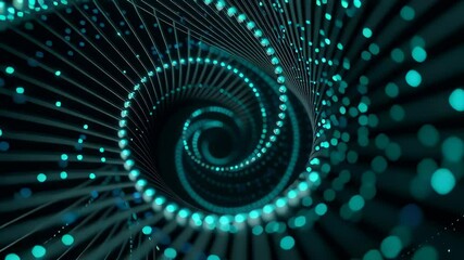Poster - Spiraling Neon Cyan Data Helix Close Up with Dynamic Light Reflection and Depth