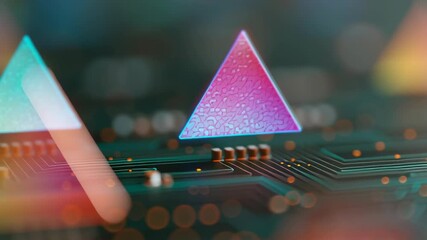 Poster - Close-up of floating holographic triangles above a circuit board with vibrant colors and patterns