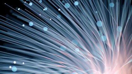 Poster - Glowing Fiber Optic Strands Converging in a Close-Up View Against a Dark Background