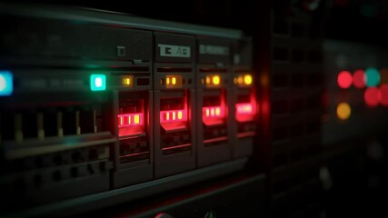 Poster - Close-Up of Blinking Router LEDs in a Dark Rack with Colorful Lights Displaying Network Activity