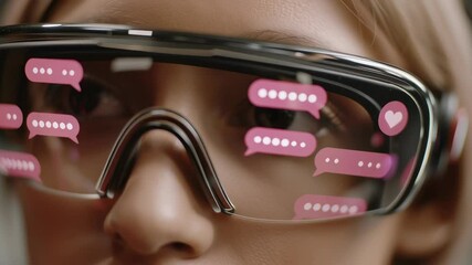 Poster - Close-Up of Augmented Reality Glasses Displaying Chat Bubbles in Modern Interaction