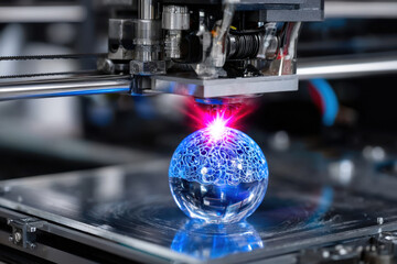 Poster - 3D printing technology creating a glass sphere with intricate designs and vibrant colors in action