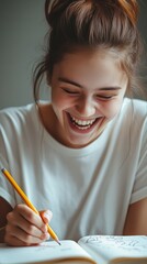 Poster - Young female student drawing and laughing while studying at home, fully immersed in back to school preparations, radiating joy and creativity in a comfortable and inspiring space