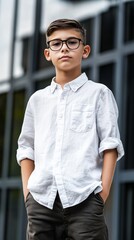 Poster - Confident preteen student wearing eyeglasses and a white shirt stands with hands in pockets in front of a modern school building, ready for the new academic year