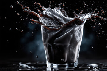 Poster - Dark liquid splashes dramatically from a glass in a high-contrast setting
