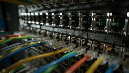 Poster - Colorful Ethernet Cables Connected to Network Switch in Data Center with Blurred Background