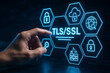 © FAQIR - Businessman Pressing Virtual TLS Button – Transport Layer Security for Cloud Computing, SaaS, AWS, and Web Encryption