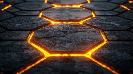 Leinwandbilder - Hexagonal stonework illuminated by glowing lines.
