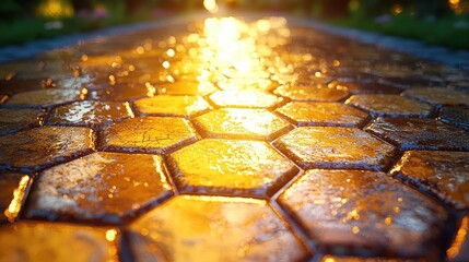 Aufkleber - Golden hexagonal paving stones on a wet pathway.
