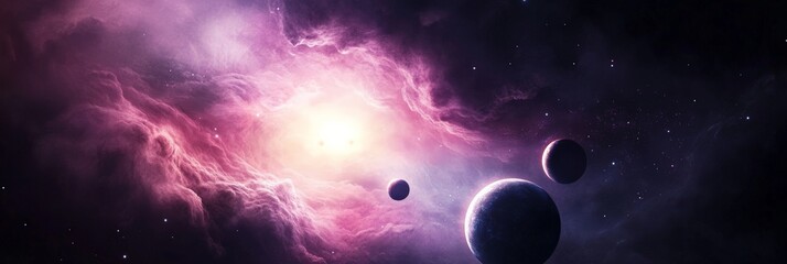 Poster - Planets are orbiting a bright star in a distant galaxy, surrounded by colorful nebulae and cosmic dust, creating a breathtaking view of deep space