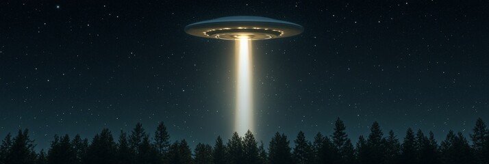 Aufkleber - Large, classic shaped ufo hovers over a forest at night, emitting a bright beam of light that illuminates the trees below and creates a dramatic scene against the starry sky