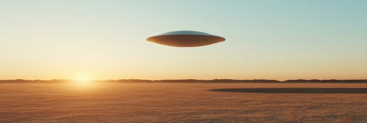 Poster - Large, metallic, disc shaped ufo hovers silently above a vast, desolate desert landscape, bathed in the warm, orange glow of the setting sun, creating a scene of otherworldly mystery and intrigue