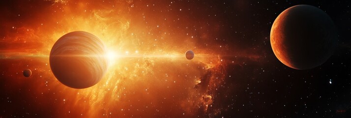 Poster - Planets orbiting a brilliant star radiate intense light and energy within a vibrant nebula, crafting a stunning cosmic tableau filled with wonder and mystery