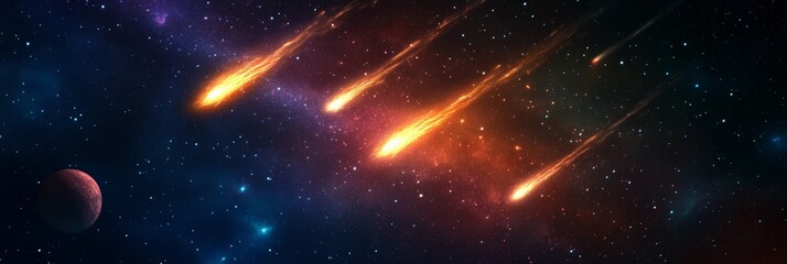 Aufkleber - Four burning asteroids are falling towards a planet in a colorful deep space scene with stars, nebulae and galaxies, creating a dramatic and captivating cosmic event