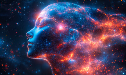 Poster - Futuristic female profile composed of vibrant cosmic nebula and stars symbolizing artificial intelligence and interconnected universe concept in deep space
