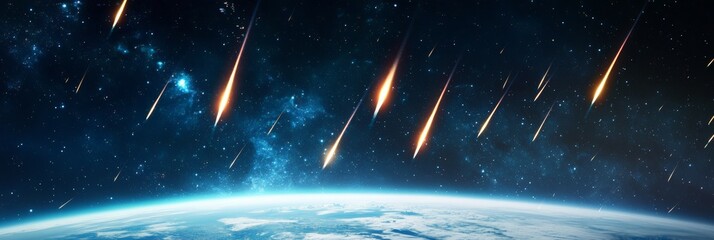 Poster - Blazing meteorites streaking across the night sky create a stunning cosmic display, illuminating darkness with fiery trails against distant stars and galaxies