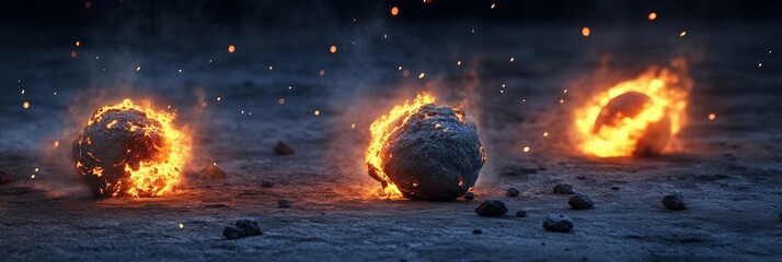Aufkleber - Burning asteroids plummeting through planetary atmosphere, generating fiery cosmic display with intense sparks and dramatically illuminated rocky fragments against dark space background