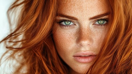Poster - A stunning close-up portrait of a young woman with striking red hair and freckles, capturing the essence of natural beauty and individuality in a minimalist setting.