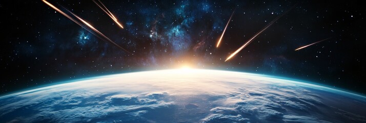 Poster - Burning meteorites streaking through earth's atmosphere during a vibrant sunrise, creating a stunning cosmic spectacle filled with brilliant colors and celestial wonder