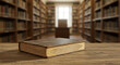 © NiftyMoods - Ancient Book on Wooden Table in Grand Library Setting