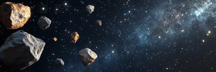 Aufkleber - Large asteroids floating in the immensity of space with a spiral galaxy and bright stars in the background creating a breathtaking cosmic scene