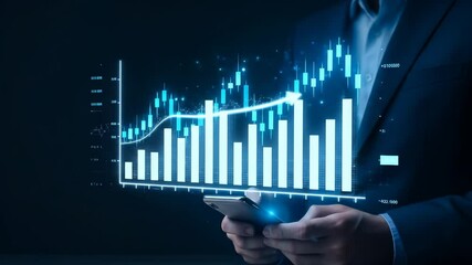 Poster - Business finance investment growth and technology success with digital chart, bar graph, and financial analytics for stock market analysis, modern trading, and innovation in business development