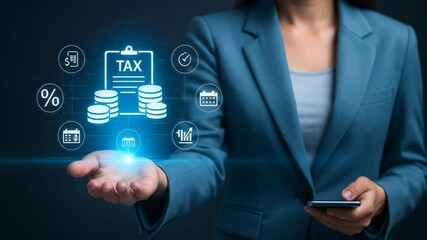 Poster - Businesswoman blue suit holding digital tax icon, financial growth, percentage, calendar, and money symbols, showcasing modern tax management, finance, businesswoman leadership, digital technology