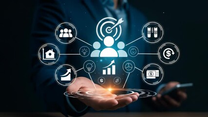 Aufkleber - Business strategy digital marketing data analysis target audience financial growth innovation technology leadership teamwork and success concept with professional holding icons and businessman