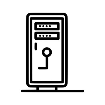 Simple black and white illustration of a server cabinet, showing data storage.
