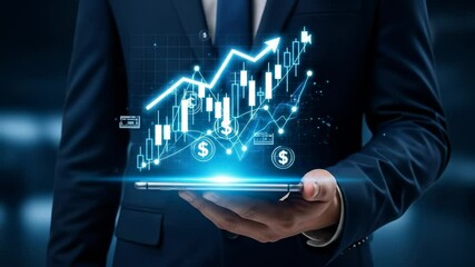 Poster - Business finance investment growth technology digital chart graph success profit concept with businessman holding tablet, glowing financial chart, upward arrow, currency symbols, futuristic data