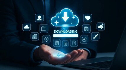 Aufkleber - Cloud Downloading Technology Data Transfer Digital Internet Storage Futuristic Innovation Glowing Icons Business Hand Progress Bar Network Online Information Communication Modern Connection Virtual